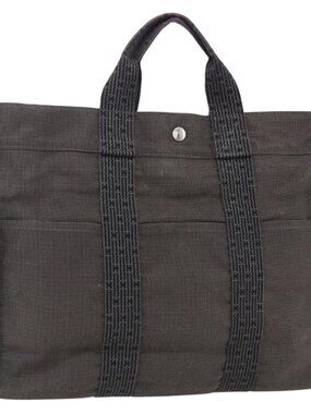 HERMES Her Line Tote MM Hand Bag Canvas Gray Auth 163451
